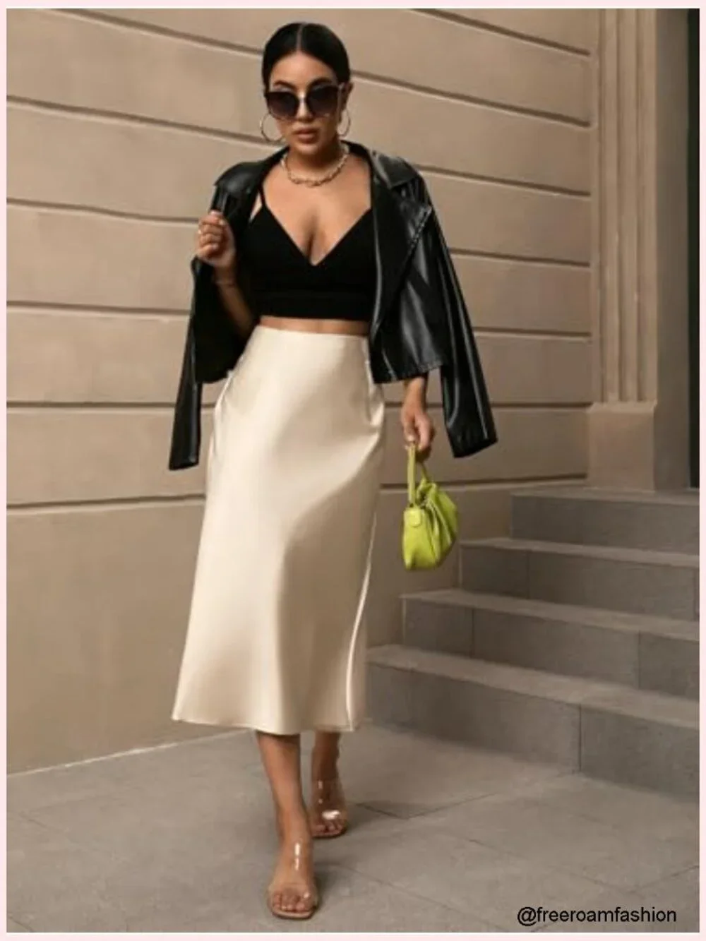 Women's Satin Midi Skirt with Fishtail Hem High Waisted A-Line